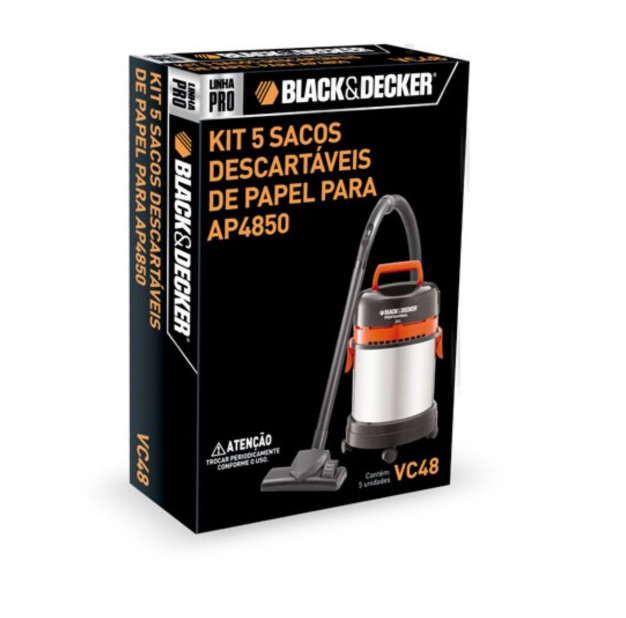 Kit de 5 Sacos Descartáveis VC48 para Aspirador AP4850 Black & Decker VC48