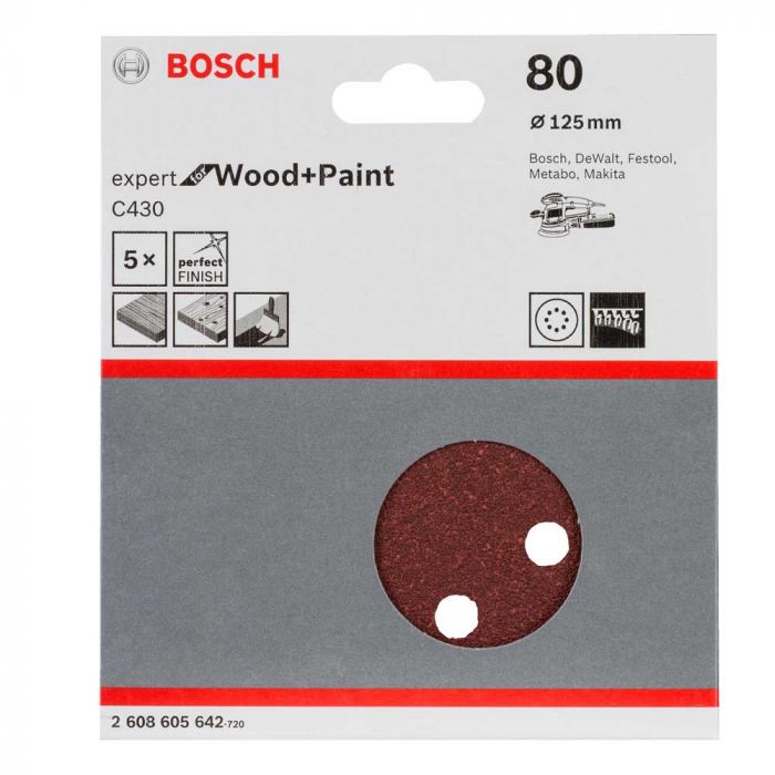 Disco de Lixa Bosch C430 125mm GR80 Expert For Wood + Paint 8 Furos Bosch 2608605642