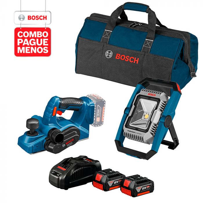 Combo Pague Menos Bosch 18V - Plaina a Bateria GHO 18V-LI + Lanterna a Bateria GLI 18V-1900,18V, 2 baterias 18V 4,0Ah 1 carregador rápido 127V GAL 1880 CV e 1 bolsa de transporte