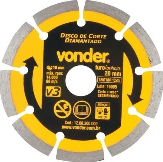 Disco Diamantado VONDER SEGMENTADO 110mm Furo 20mm corte a seco 1268300000